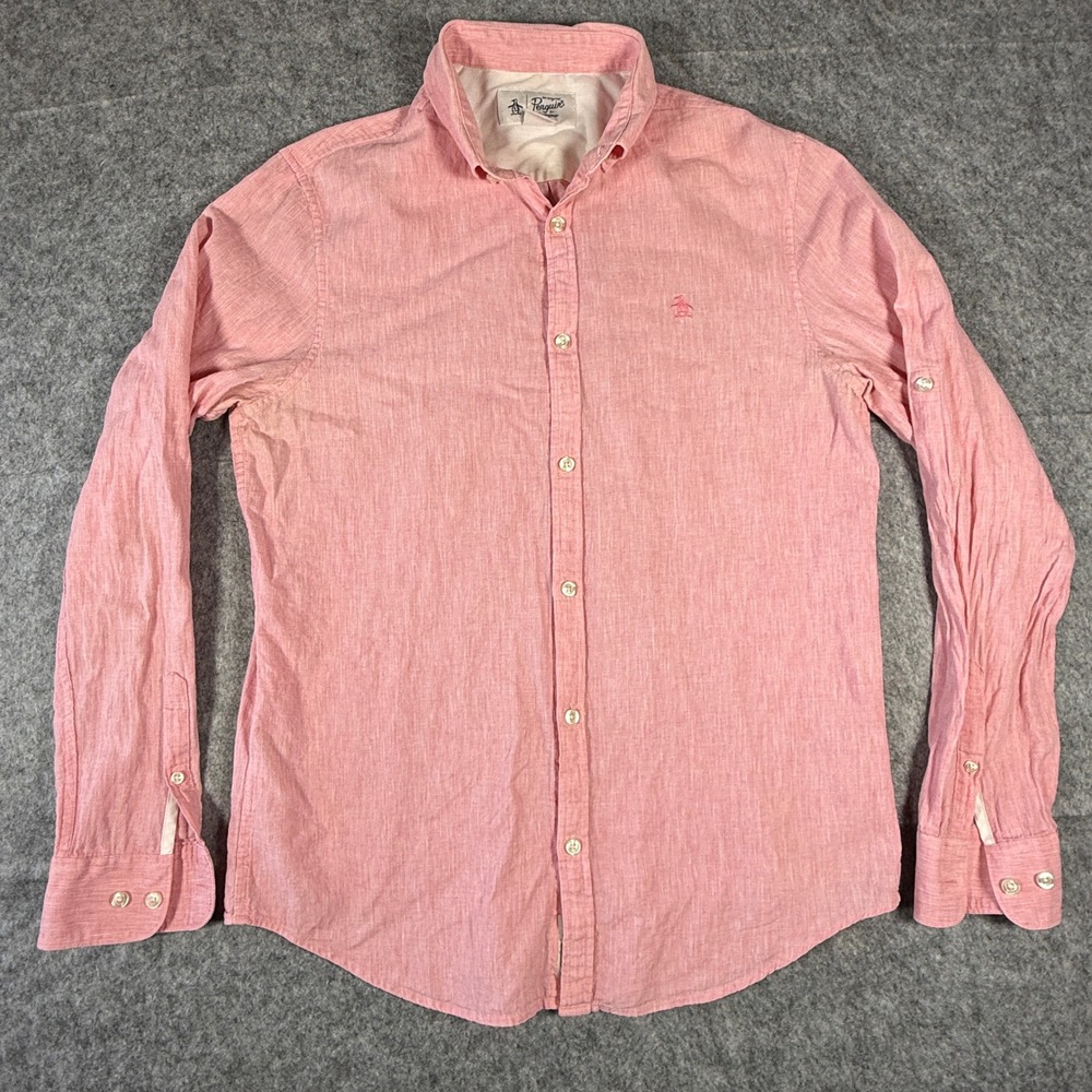 Original Penguin Button Down Shirt Men Medium Pink Linen Cotton Blend Tab Sleeve